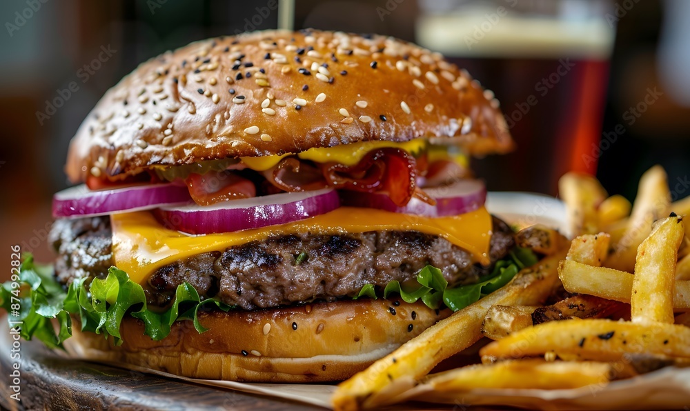 Hamburger with Meat, Cheese, and Vegetables, Served with Fries, Generative AI