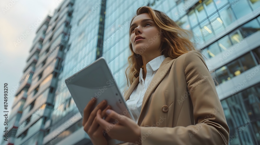 Confident Businesswoman Holding Tablet in Front of Skyscraper Office Building Confident Businesswoman Holding Tablet in Front of Skyscraper Office Building