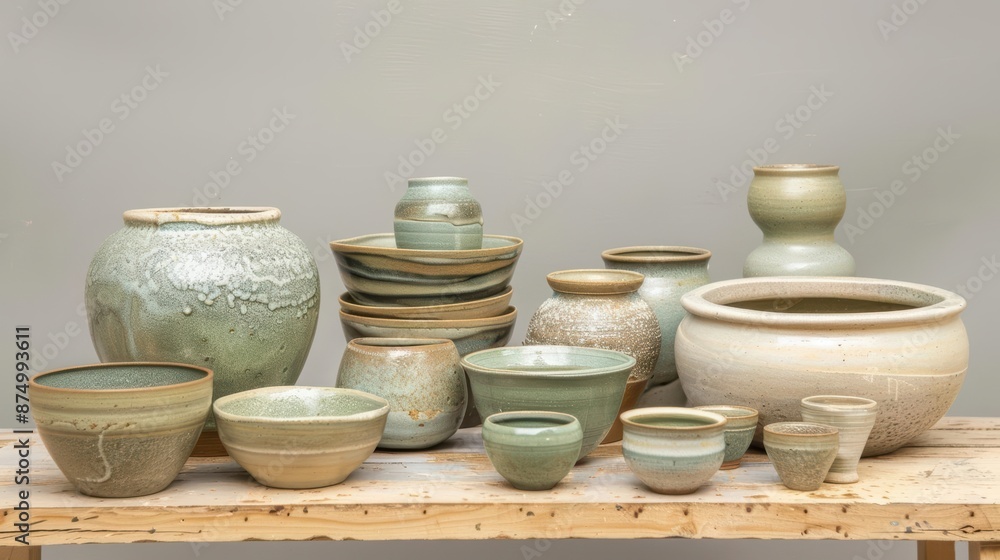 A display of handcrafted pottery pieces arranged on a ceramic table A display of handcrafted pottery pieces arranged on a ceramic table