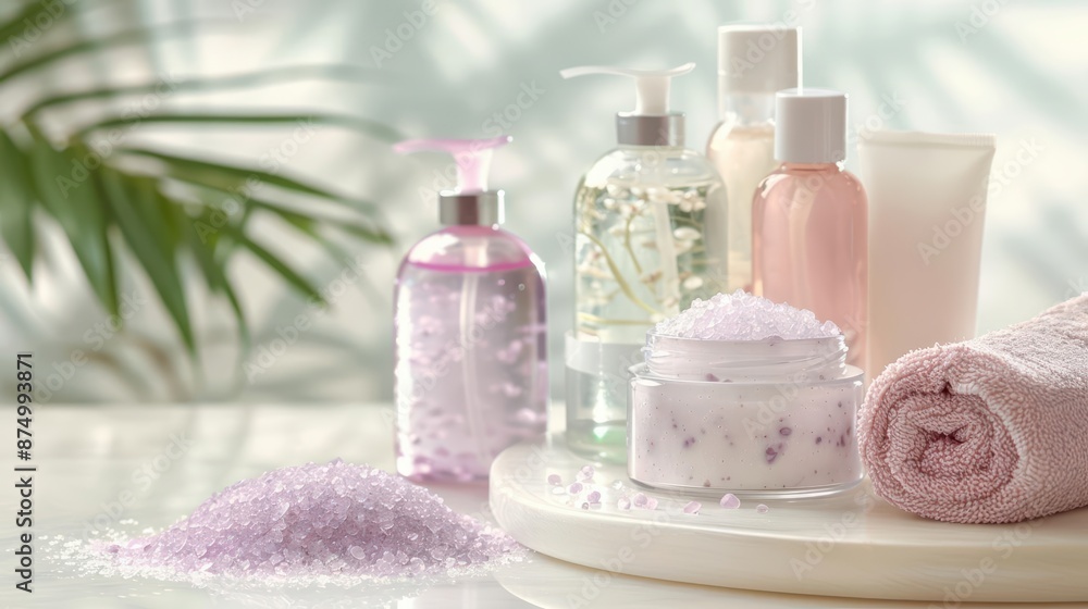 A variety of bath and body products presented on a luxurious spa table