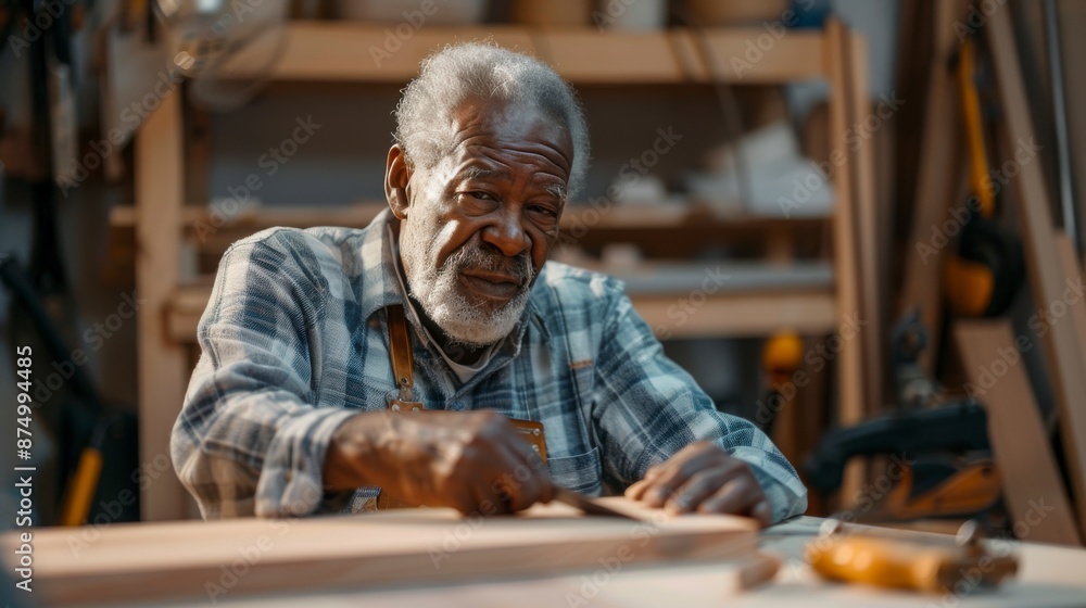 african american retired man working on a woodworking project in his garage african american retired man working on a woodworking project in his garage