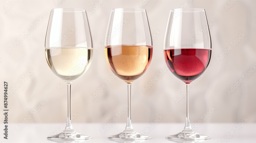 Elegant Wine Glasses with Red White and Rosé Wine. Beverage Photography for Wine Tasting Elegant Wine Glasses with Red White and Rosé Wine. Beverage Photography for Wine Tasting
