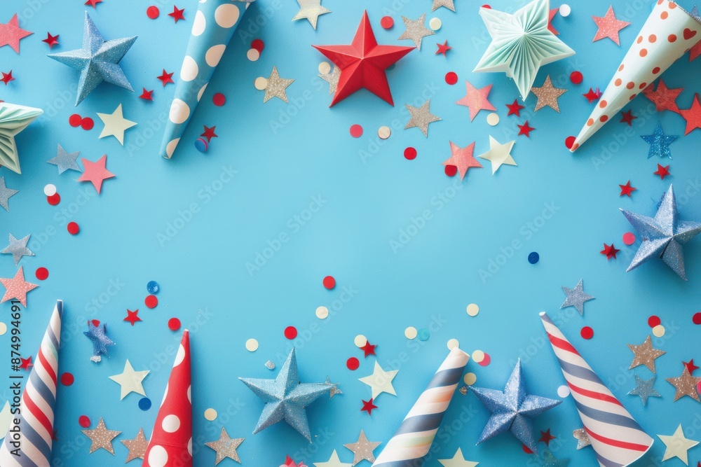 Festive Celebration Background with Stars and Party Hats on Blue Festive Celebration Background with Stars and Party Hats on Blue