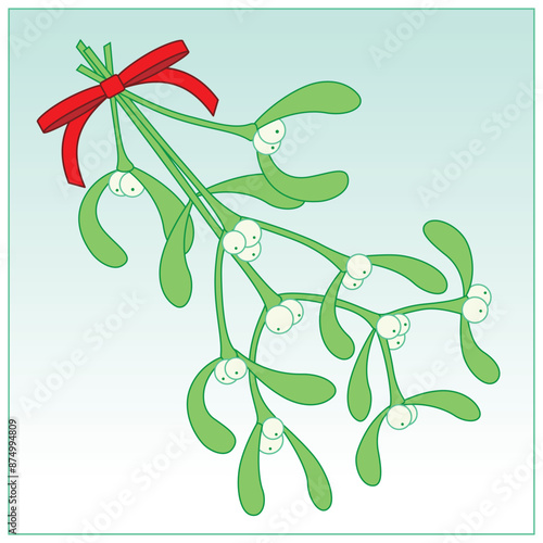 Festive Bouquet of Mistletoe with a Red Ribbon Bow on a cool background