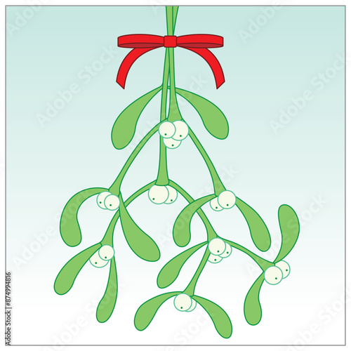 Hanging Festive Bouquet of Mistletoe with a Red Ribbon Bow on a cool background
