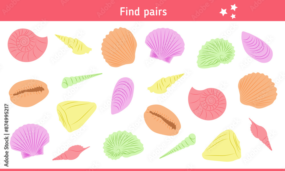 Find pairs for seashells. Children's educational game, logical task. Riddle, quiz for kids. Vector illustration Find pairs for seashells. Children's educational game, logical task. Riddle, quiz for kids. Vector illustration
