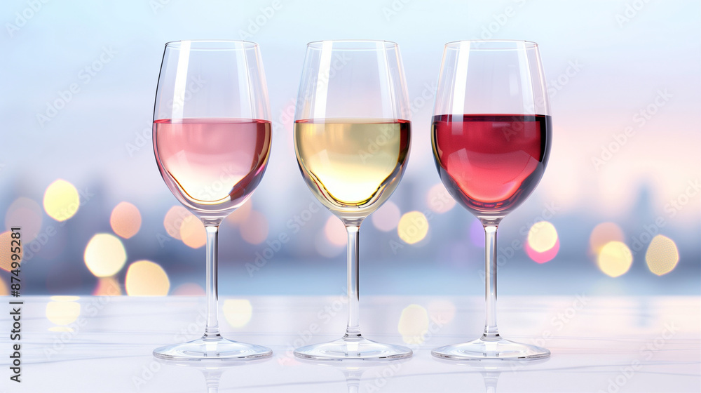 Three Wine Glasses on a Blurred Background. Elegant Wine Tasting with Reflections Three Wine Glasses on a Blurred Background. Elegant Wine Tasting with Reflections