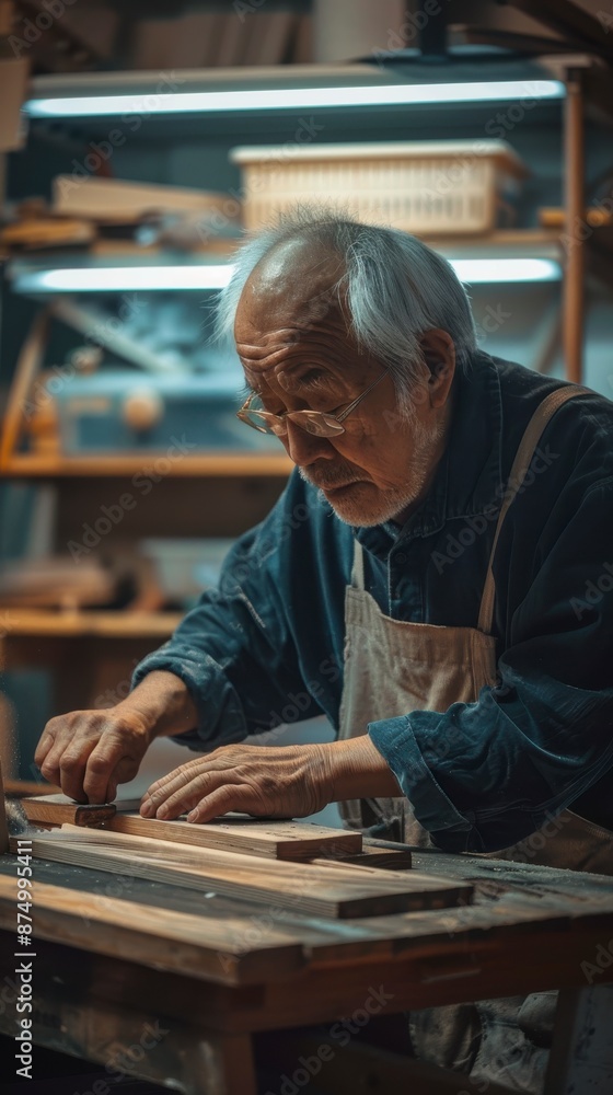 asian retired man working on a woodworking project in his garage asian retired man working on a woodworking project in his garage