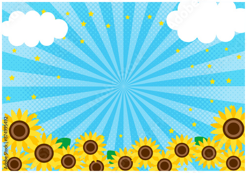 夏のひまわり集中放射フレーム背景3青色