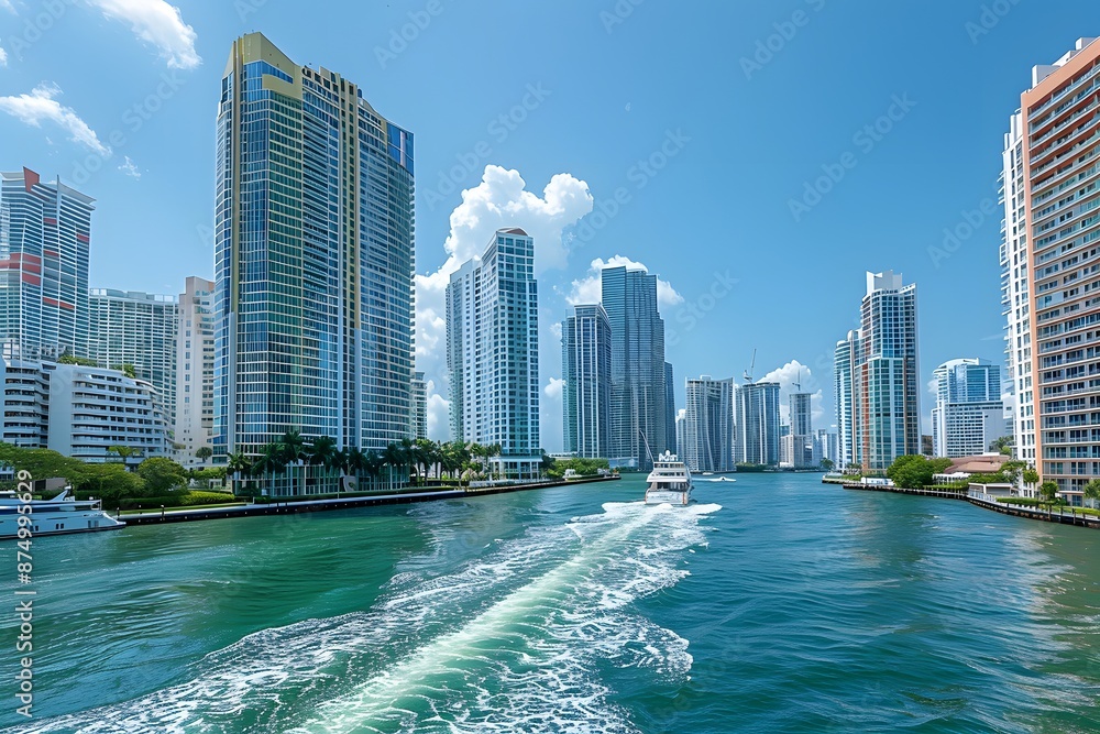 Obraz premium Scenic View of a Boat Cruising Through a Modern Cityscape