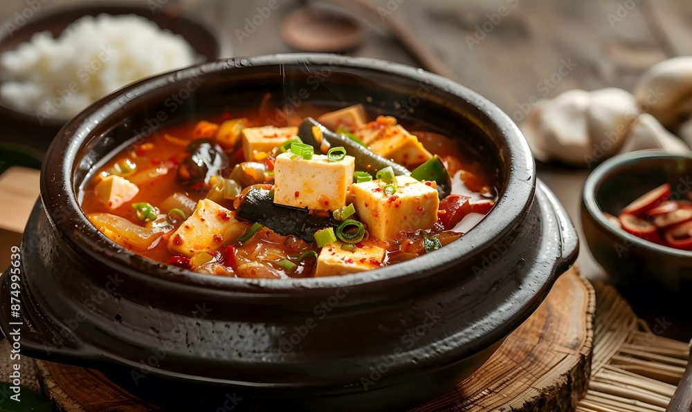 Korean Doenjang Jjigae with Tofu and Vegetables Cooked in a Clay Pot Generative AI Korean Doenjang Jjigae with Tofu and Vegetables Cooked in a Clay Pot Generative AI