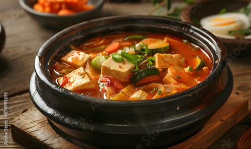 Korean Doenjang Jjigae with Tofu and Vegetables Cooked in a Clay Pot Generative AI photo