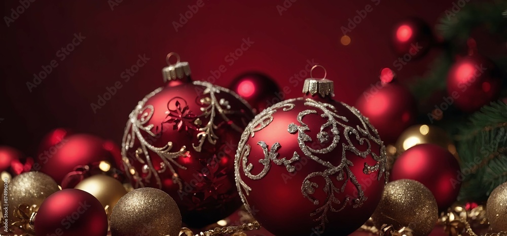 Fototapeta premium Red Christmas background with baubles and decorations.