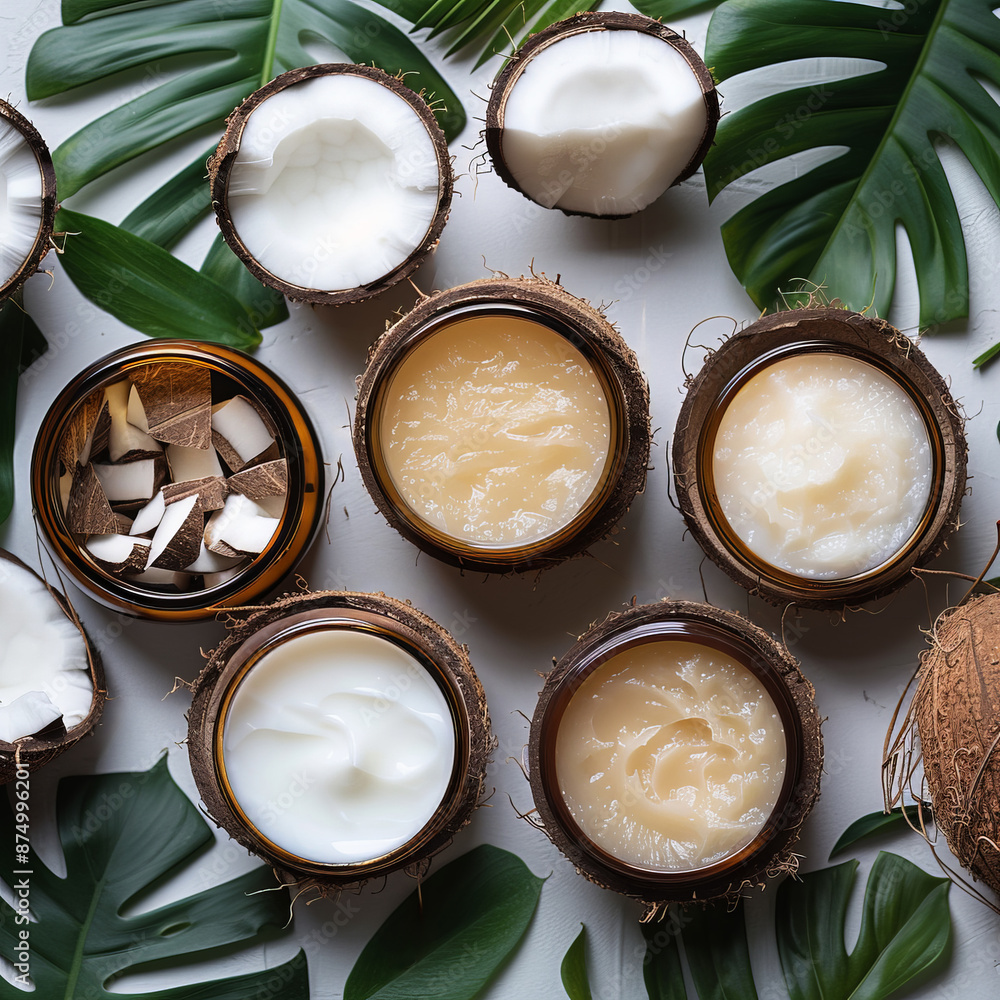 Coconut oil surrounded by whole halved coconuts along tropical leaves, concept handmade, copy space Coconut oil surrounded by whole halved coconuts along tropical leaves, concept handmade, copy space