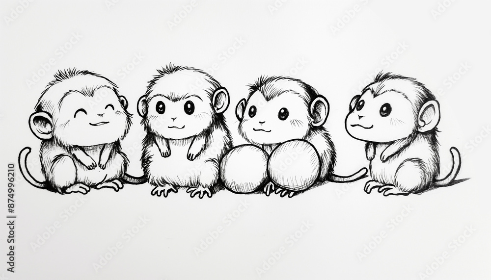Hand-Drawn Sketch of Four Playful Monkey Characters Hand-Drawn Sketch of Four Playful Monkey Characters