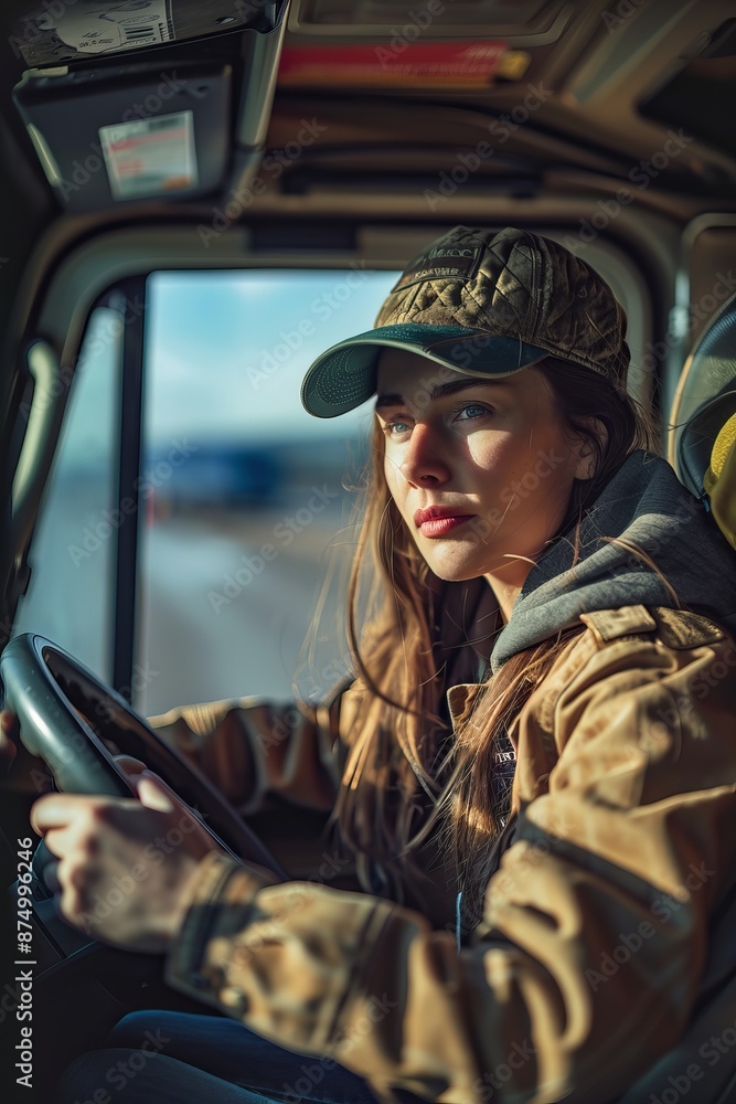 Truck Driver, A confident woman behind the wheel of a big rig, Highway transportation background, woman, diversity Truck Driver, A confident woman behind the wheel of a big rig, Highway transportation background, woman, diversity
