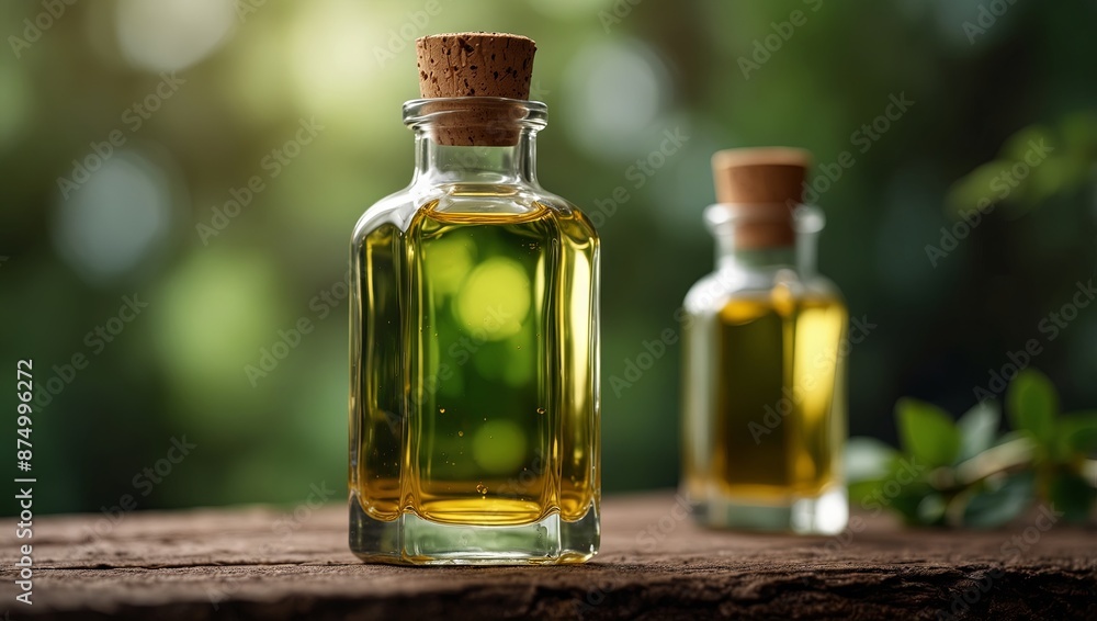 A glass bottle with aromatic oil or serum on nature blur background effect cosmetic products design mockup , Concept of beauty. A glass bottle with aromatic oil or serum on nature blur background effect cosmetic products design mockup , Concept of beauty.
