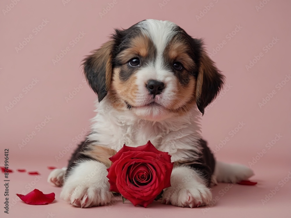 A cute puppy holds a red rose in his paws on a light pink background Congratulations on Valentine's Day. A cute puppy holds a red rose in his paws on a light pink background Congratulations on Valentine's Day.