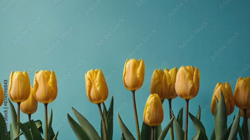 Obraz premium Yellow Tulips Blooming on a Background of Mint Blue.