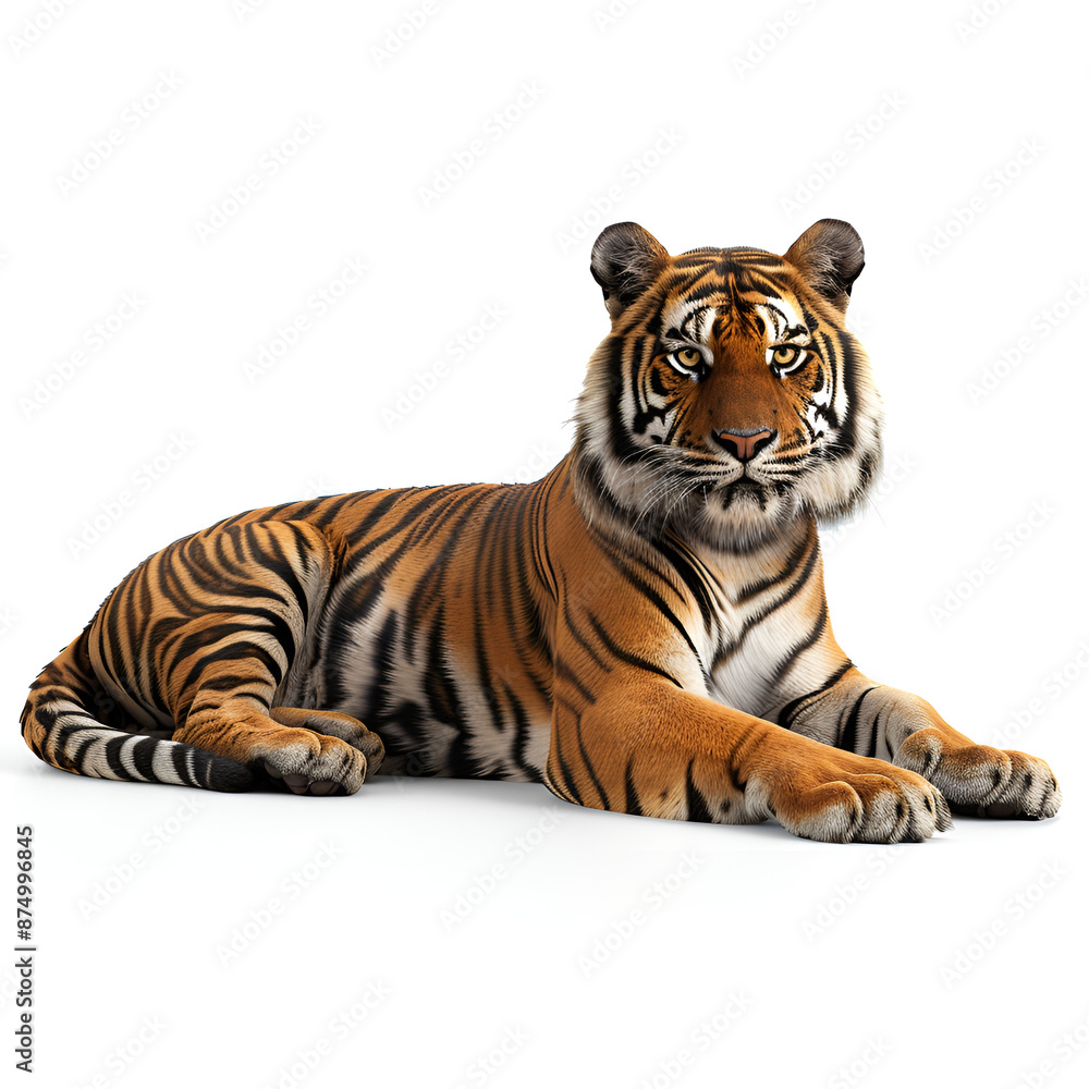 Obraz premium A tiger resting peacefully on a white background. 
