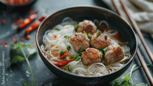 Rice noodles soup with meat ball in a bowl with chopsticks