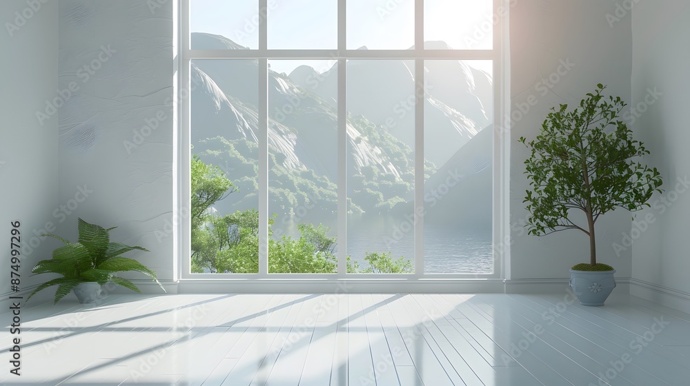 Fototapeta premium Serene Minimalist Room with Stunning Mountain View
