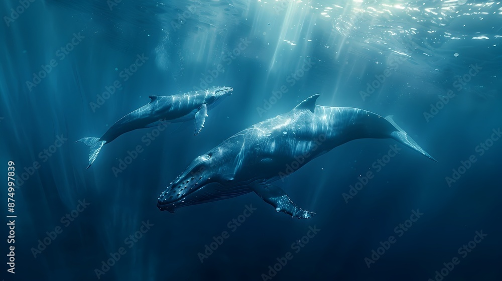 Fototapeta premium Majestic Blue Whale Mother and Calf Explore Sunlit Ocean Depths