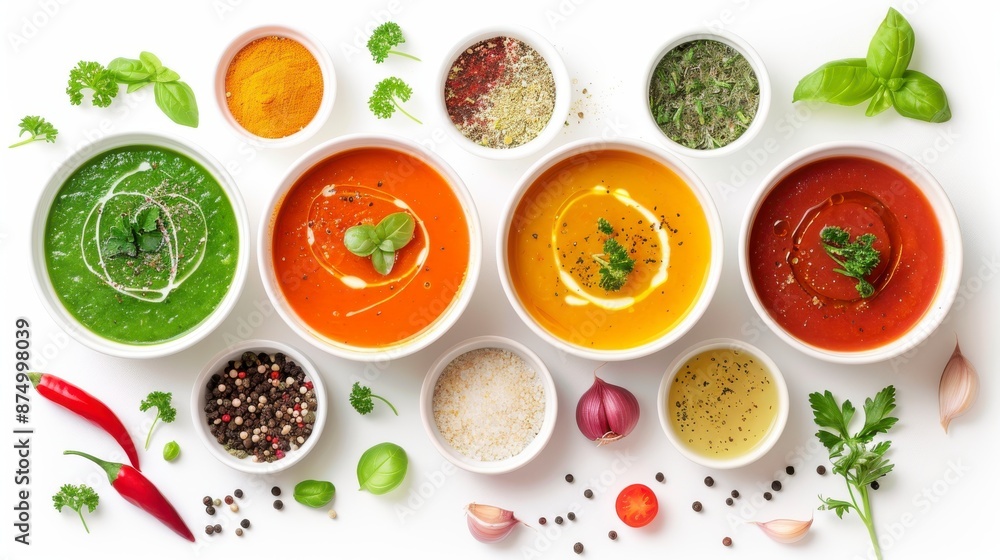 Set of various seasonal vegetable soups and organic ingredients on white background Set of various seasonal vegetable soups and organic ingredients on white background