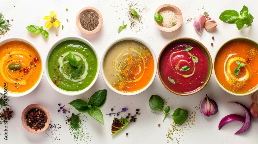 Set of various seasonal vegetable soups and organic ingredients on white background Set of various seasonal vegetable soups and organic ingredients on white background