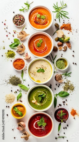 Set of various seasonal vegetable soups and organic ingredients on white background
