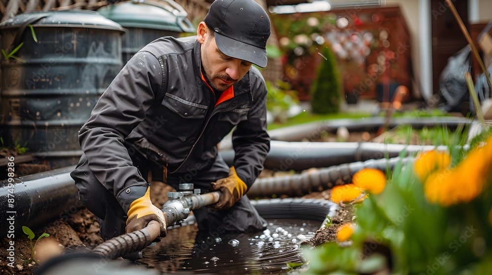 Man pumping out house septic tank. drain and sewage cleaning service Man pumping out house septic tank. drain and sewage cleaning service