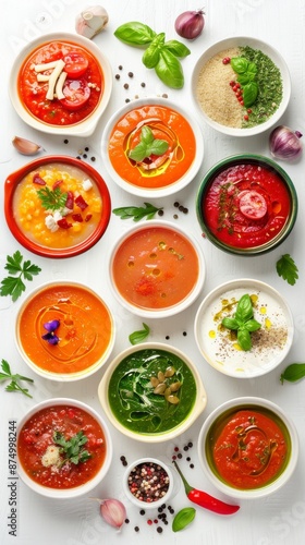 Set of various seasonal vegetable soups and organic ingredients on white background
