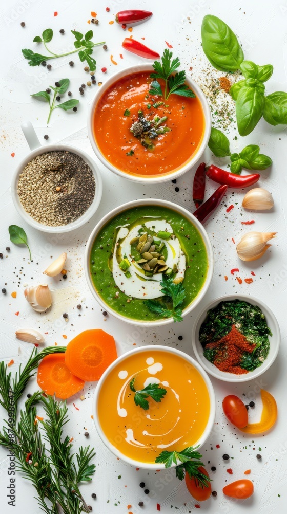 Set of various seasonal vegetable soups and organic ingredients on white background Set of various seasonal vegetable soups and organic ingredients on white background