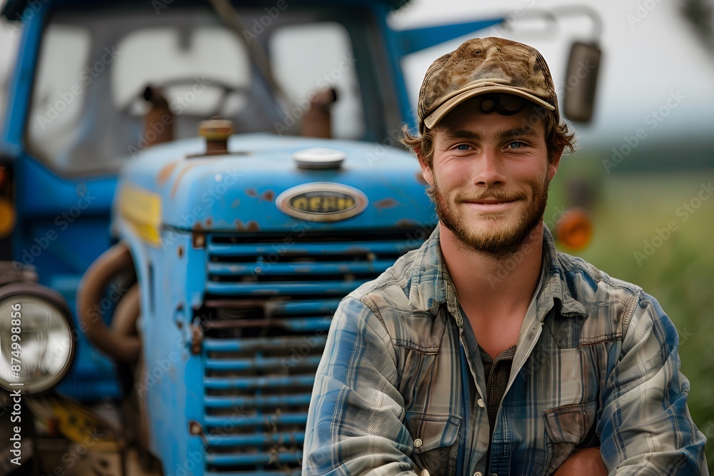 Proud Farmer Standing in Front of His Blue Tractor Proud Farmer Standing in Front of His Blue Tractor