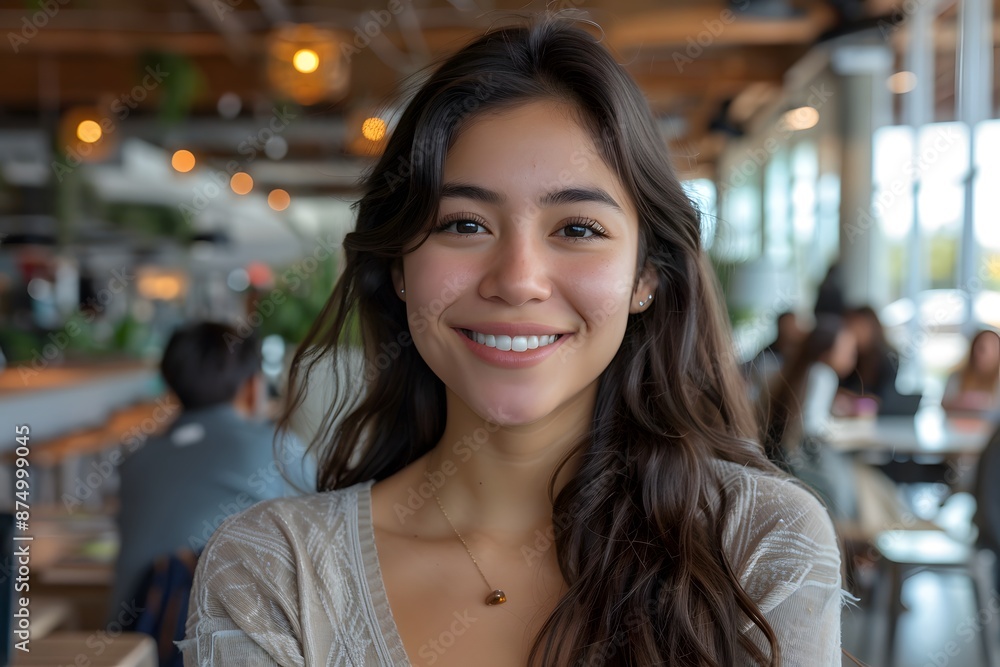 Smiling Woman Enjoying a Cozy Café Ambiance Smiling Woman Enjoying a Cozy Café Ambiance