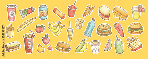 Colorful Array of Food and Beverage Icons in Flat Design