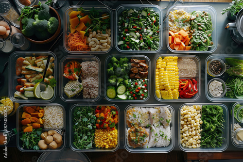 healthy diet concept, A meal prep scene with multiple containers filled with balanced meals for the week. Include a variety of proteins, vegetables, and whole grains © patchiya