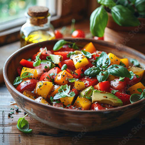 Fresh salad in bowl, drizzled golden oil, including greens, cherry tomatoes, cucumbers, olives © liubovyashkir