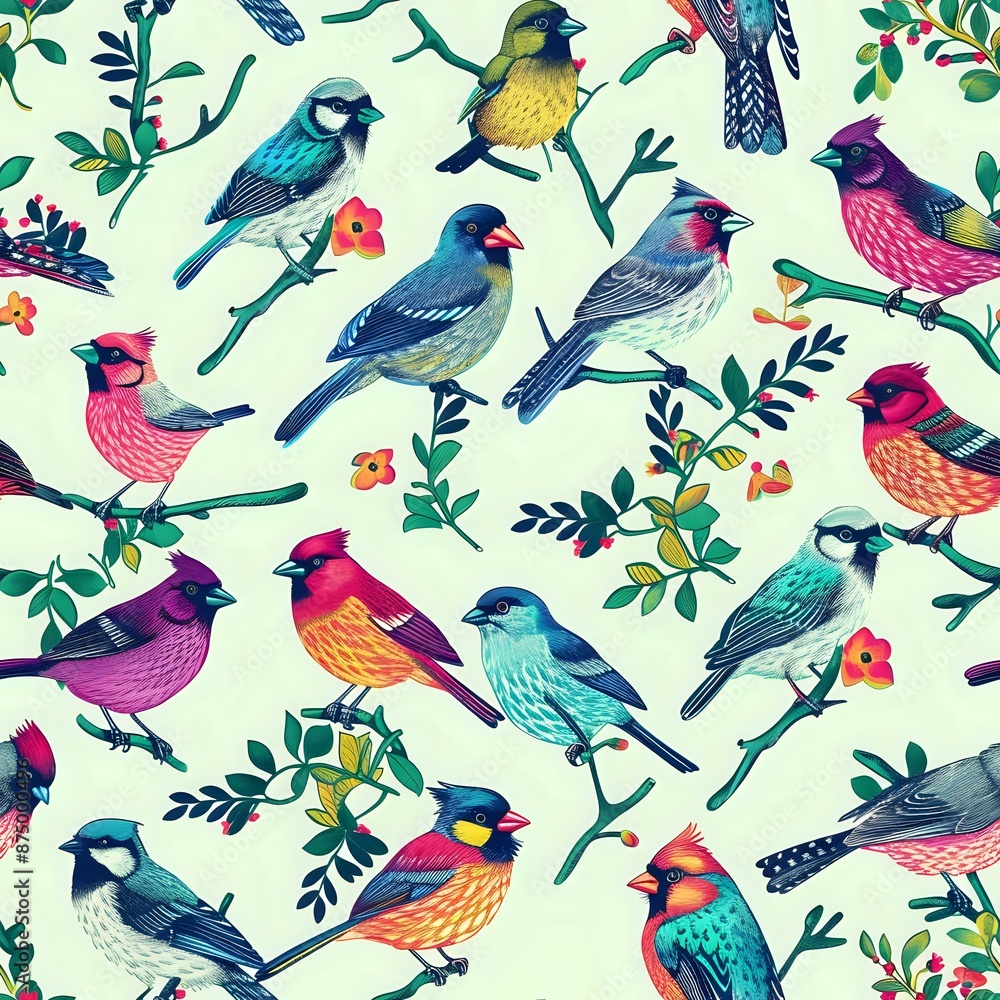Whimsical Style Bird and Foliage Repeat Design for Home Decor Whimsical Style Bird and Foliage Repeat Design for Home Decor
