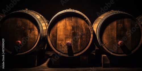 Wooden barrels in a dark cellar photo