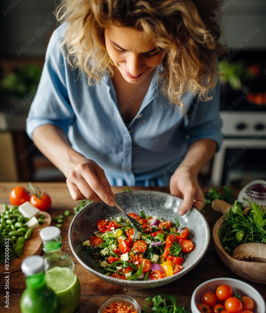 Woman Mixing Fresh Vegetables in a Bowl, Healthy Homemade Salad Preparation Woman Mixing Fresh Vegetables in a Bowl, Healthy Homemade Salad Preparation