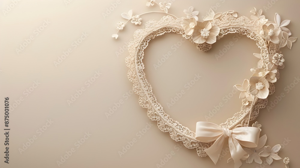 Romantic Heart Shaped Lace and Ribbon Frame with Floral Details on Soft Beige Background Romantic Heart Shaped Lace and Ribbon Frame with Floral Details on Soft Beige Background