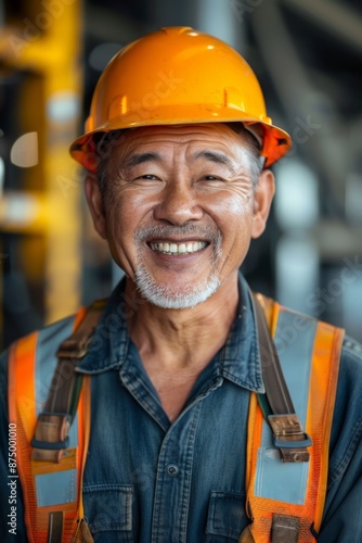 Portrait of a happy senior worker in a hard hat and safety vest