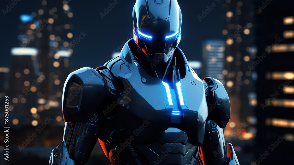 A futuristic cyberpunk robot stands tall in a neonlit cityscape at night, blending technology and urban aesthetics. A futuristic cyberpunk robot stands tall in a neonlit cityscape at night, blending technology and urban aesthetics.