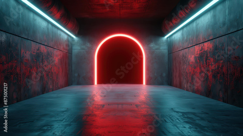 Wallpaper Mural Immersive 3D rendering of a cyberpunk tunnel with grunge metal walls and red lighting, creating a futuristic and mysterious ambiance. Torontodigital.ca
