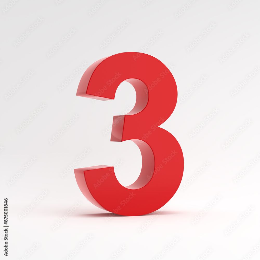 Red number three 3 on white background. Red number three 3 on white background.