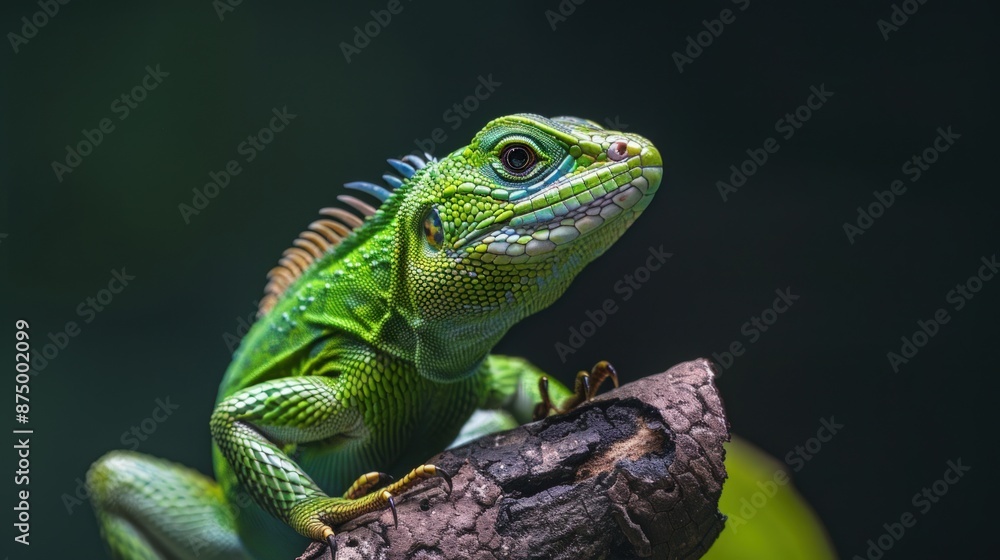 A green lizard is sitting on a branch. Generate AI image A green lizard is sitting on a branch. Generate AI image