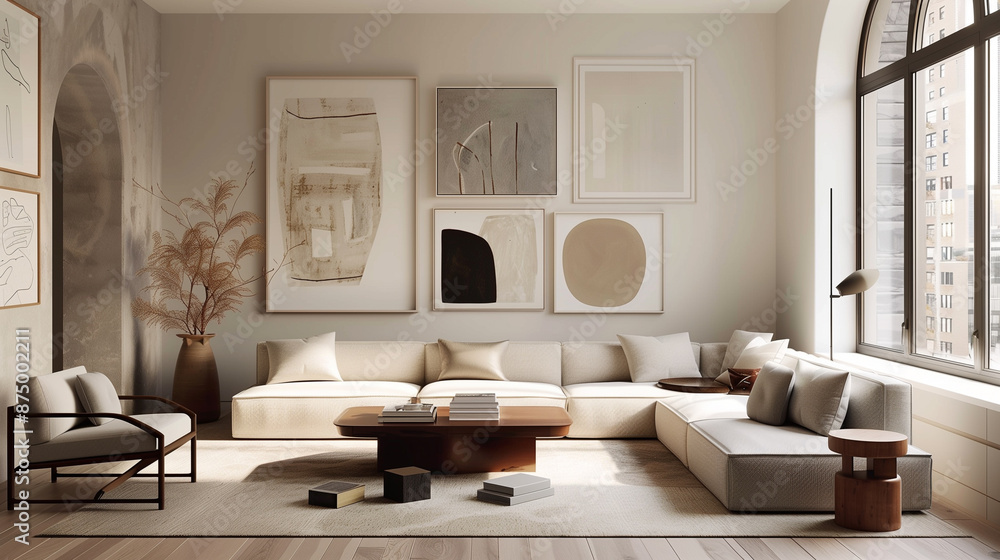 Obraz premium Sleek modern living room with a stylish gallery wall, minimalist decor, and a large window allowing natural light.