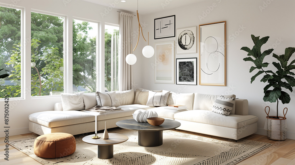 © Saeed - Sleek modern living room with a stylish gallery wall, minimalist decor, and a large window allowing natural light.