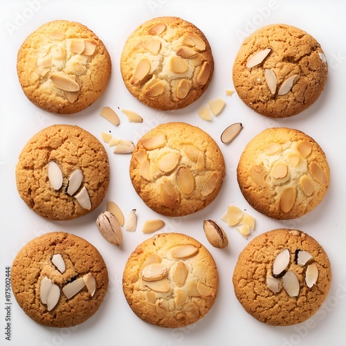 Almond cookies isolated on white background, viewed from above